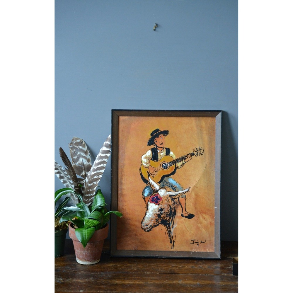 Framed Painting on‎ Leather Boy Riding a Cow playing Guitar Signed Southwest